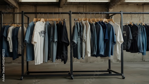 Wallpaper Mural Minimalist Fashion Display: Oversized Graphic Tees and Baggy Jeans on Racks Torontodigital.ca