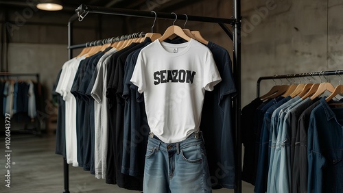 Minimalist Fashion Display: Oversized Graphic Tees and Baggy Jeans on Racks