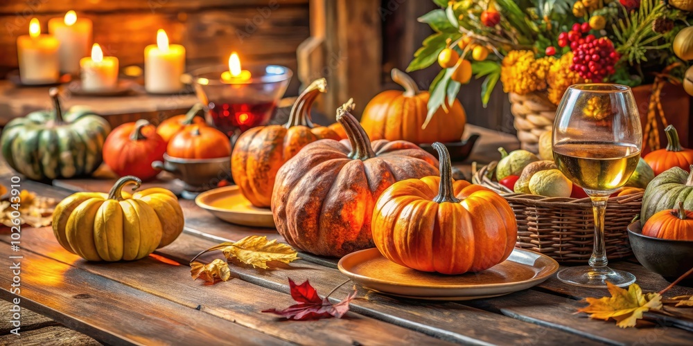 Embrace the spirit of fall with a rustic wooden table decorated with vibrant pumpkins, perfect for an inviting Thanksgiving party filled with joy and togetherness. Embrace the spirit of fall with a rustic wooden table decorated with vibrant pumpkins, perfect for an inviting Thanksgiving party filled with joy and togetherness.