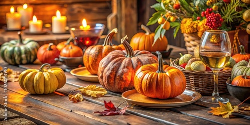 Embrace the spirit of fall with a rustic wooden table decorated with vibrant pumpkins, perfect for an inviting Thanksgiving party filled with joy and togetherness.