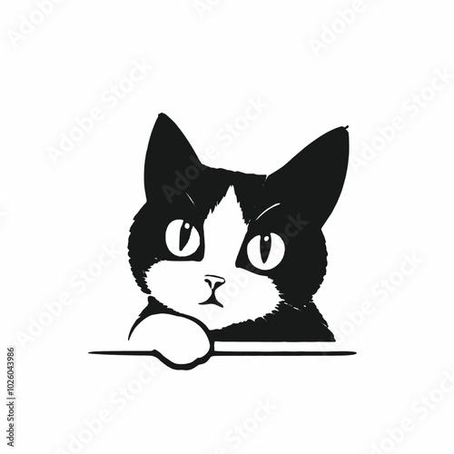 A black and white illustration of a curious cat peeking out from behind a surface, 