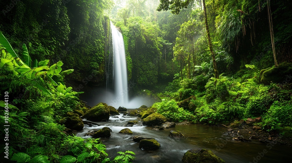 River Landscapes with Waterfall Flowing Through Lush Green Forest, Romantic Style, Dramatic Landscapes, Mesmerizing Color Scapes River Landscapes with Waterfall Flowing Through Lush Green Forest, Romantic Style, Dramatic Landscapes, Mesmerizing Color Scapes