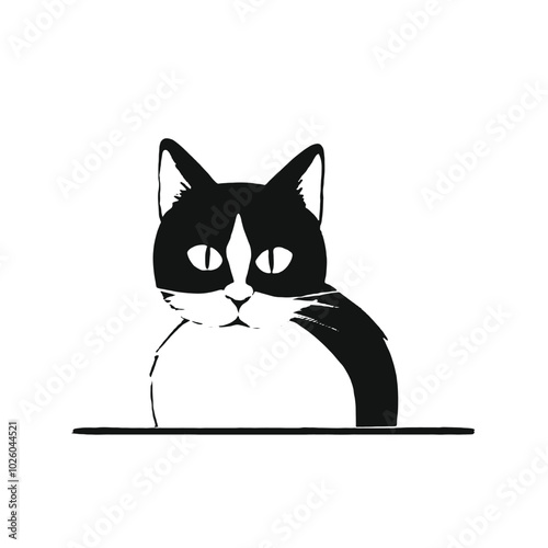 A black and white illustration of a curious cat peeking out from behind a surface, 
