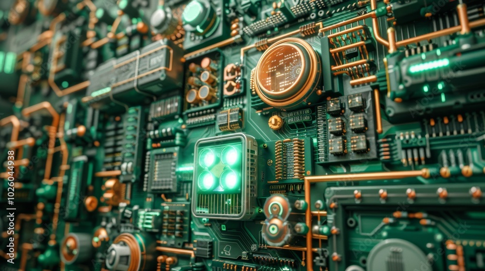 Close up View of Intricate Green Electronic Circuit Board with Futuristic Digital Components Close up View of Intricate Green Electronic Circuit Board with Futuristic Digital Components
