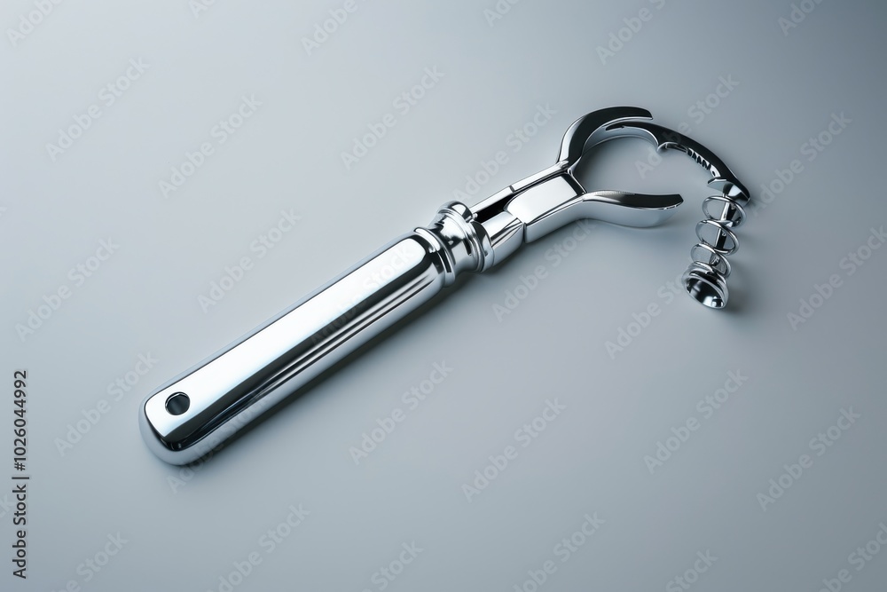 Metallic corkscrew with a sleek design resting on a smooth surface Metallic corkscrew with a sleek design resting on a smooth surface