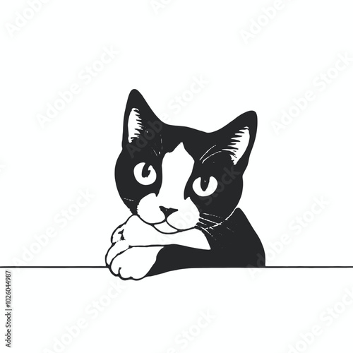 A black and white illustration of a curious cat peeking out from behind a surface, 