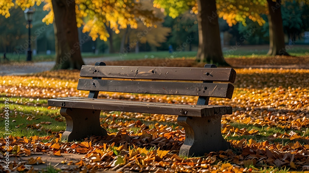 Lonely Bench in a Park Surrounded by Vibrant Autumn Leaves and Soft Sunlight Lonely Bench in a Park Surrounded by Vibrant Autumn Leaves and Soft Sunlight