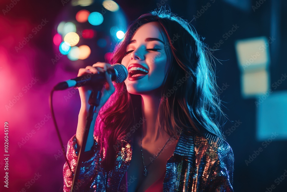 Photo of fancy attractive pop star lady singing on karaoke in night club with disco ball isolated bright color background Photo of fancy attractive pop star lady singing on karaoke in night club with disco ball isolated bright color background
