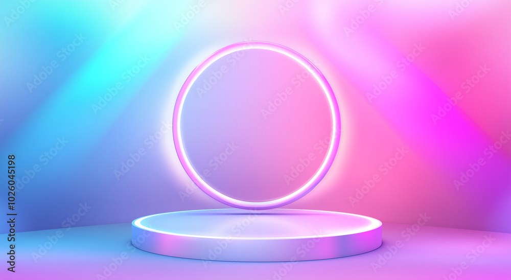 Abstract background with a podium for product presentation. Round stage with geometric shapes and a glowing light ring in blue, pink, and purple colors. Abstract background with a podium for product presentation. Round stage with geometric shapes and a glowing light ring in blue, pink, and purple colors.