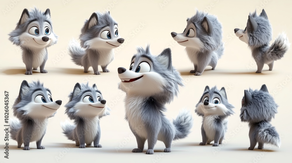 A set of cute cartoon wolves in various poses with expressive faces and fluffy fur A set of cute cartoon wolves in various poses with expressive faces and fluffy fur
