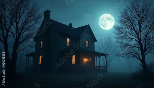 A dark, eerie haunted house with glowing windows under a full moon, surrounded by fog and leafless trees