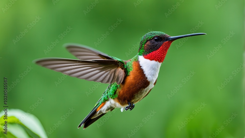 Fototapeta premium A vibrant hummingbird in mid-flight, showcasing its colorful plumage against a blurred background.