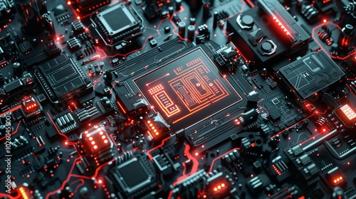 Closeup view of a complex electronic circuit board with various components and intricate patterns