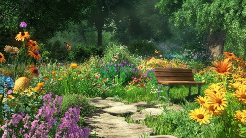 Fototapeta Naklejka Na Ścianę i Meble -  Wooden bench in a beautiful flower garden on a sunny summer day