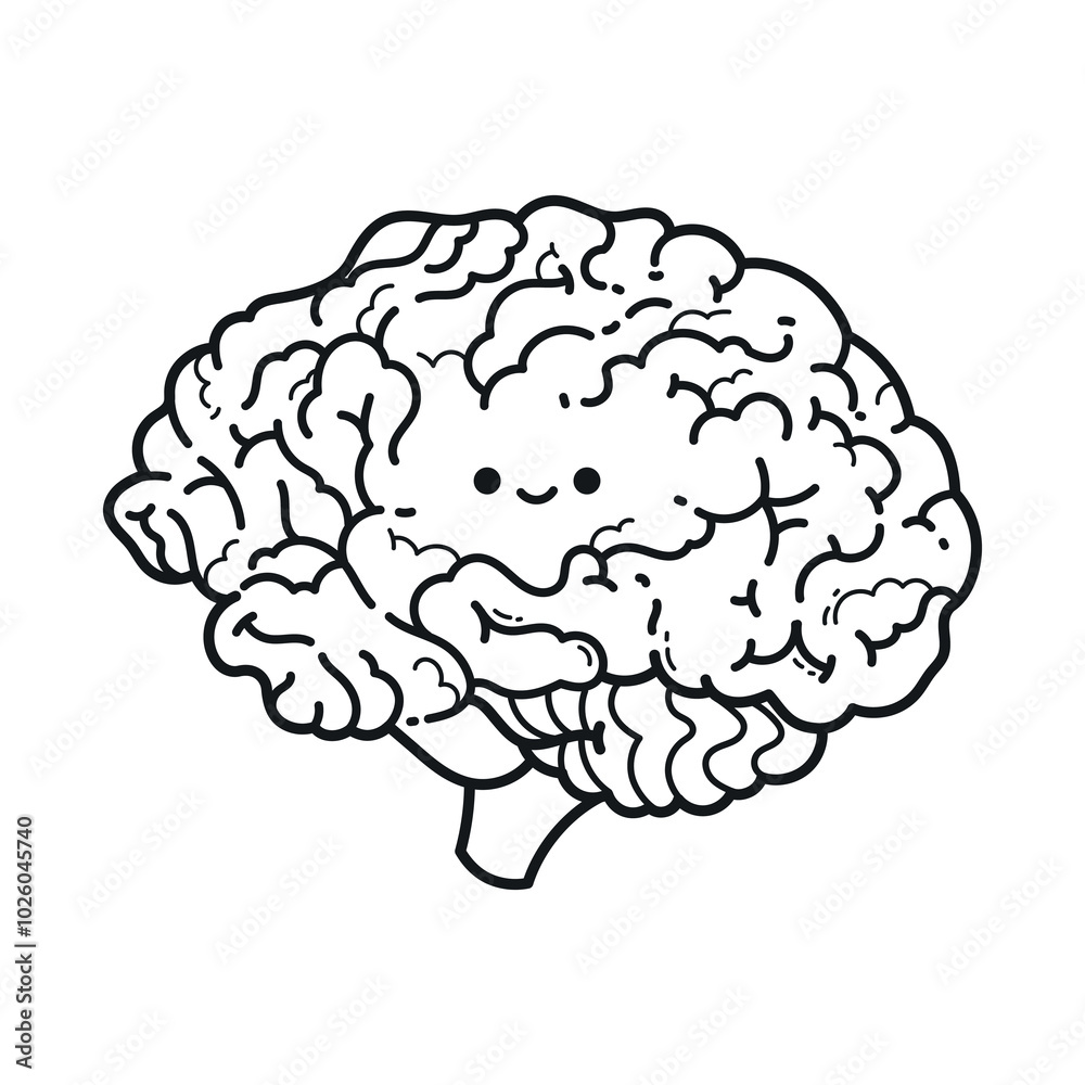 Cartoon brain with a happy face in kawaii style, ideal for children's learning about brain health Cartoon brain with a happy face in kawaii style, ideal for children's learning about brain health