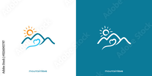 Mountain Love Logo. Mountain and Love Shape with Minimalist Style. Love Nature Logo, Icon, Symbol, Vector, Design Inspiration.