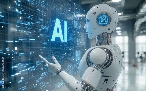 A humanoid robot interacting with a digital screen displaying the word AI in a high-tech, futuristic environment