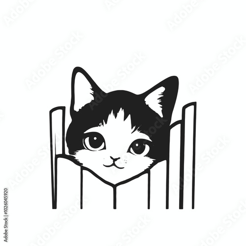 A black and white illustration of a curious cat peeking out from behind a surface, 