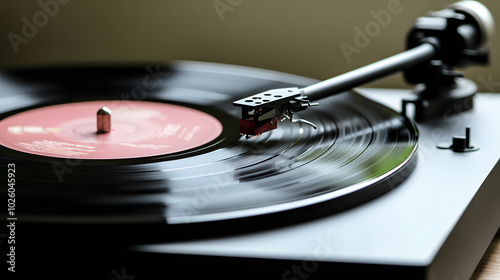 A close-up of a record player with a stylus gliding across a spinning vinyl record. photo