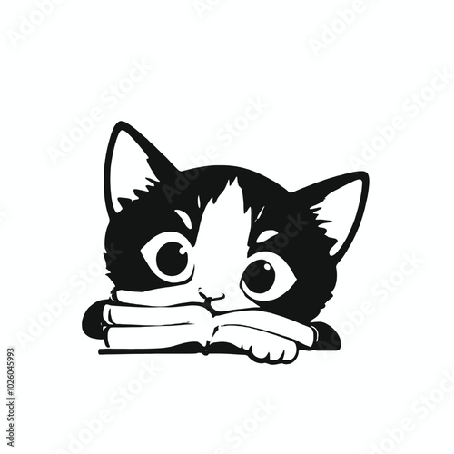 A black and white illustration of a curious cat peeking out from behind a surface, 