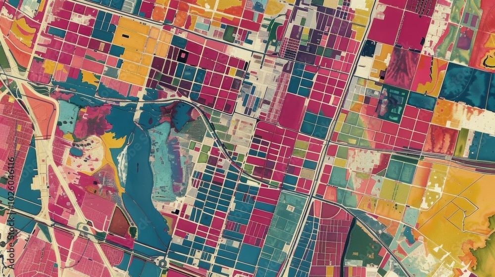Fototapeta premium Colorful Aerial Cityscape with Urban Infrastructure Layout and Architectural Patterns