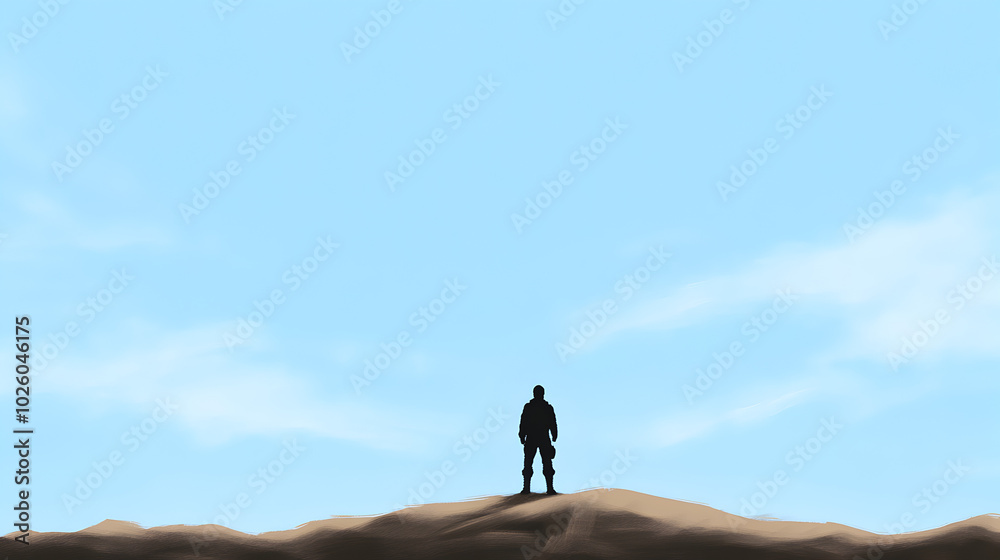 A lone soldier standing at attention on a hill, with the vast landscape stretching out before them. Minimalist and solemn.
A lone soldier standing at attention on a hill, with the vast landscape stretching out before them. Minimalist and solemn.