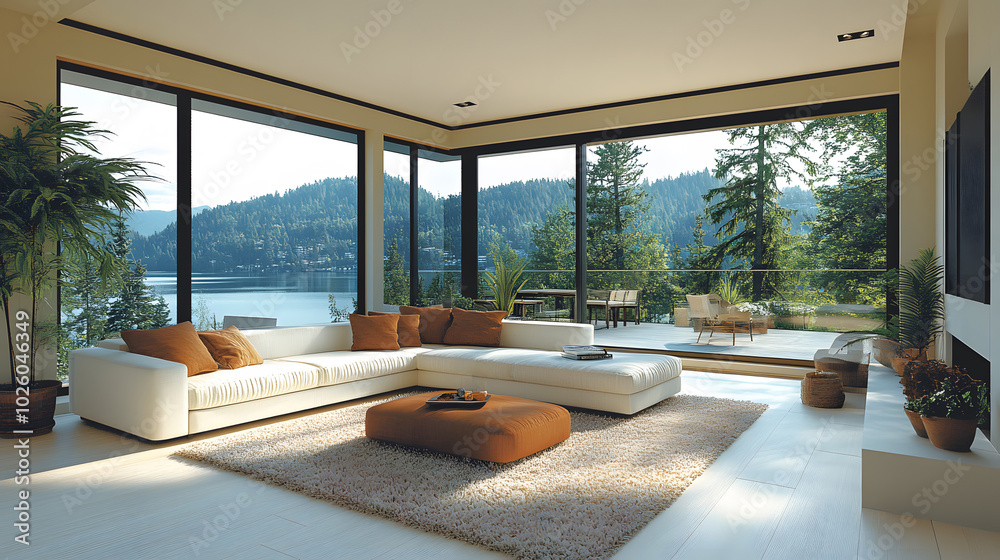 Fototapeta premium Modern living room interior with neutral colors, clean lines, and open space design