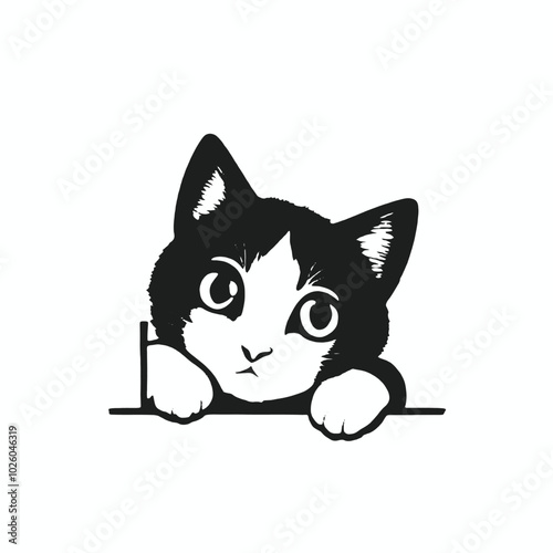 A black and white illustration of a curious cat peeking out from behind a surface, 