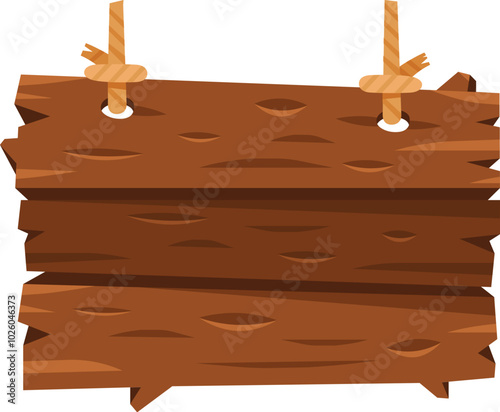 A rustic wooden sign hangs from twine ropes, featuring a textured surface that adds a natural charm. Ideal for marking trails or enhancing outdoor decor, it captures a warm, earthy feel.