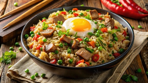 Enjoy a delicious bowl of Asian fried rice featuring succulent pork and fluffy eggs, ideal for satisfying your cravings at any time of the day.