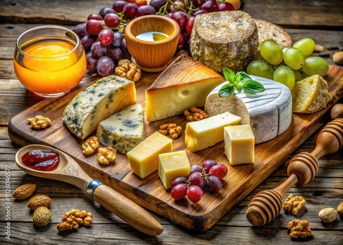 Enjoy a delightful cheese platter featuring various cheeses, accompanied by rustic bread, juicy grapes, crunchy nuts, and rich honey, all beautifully arranged on a wooden cutting board.