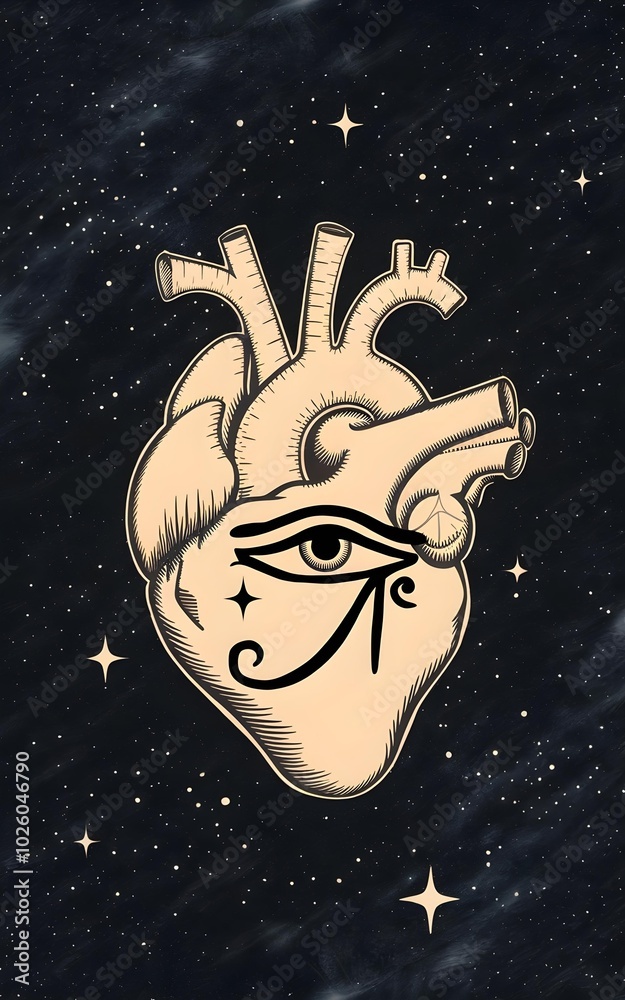 Fototapeta premium an anatomical illustration of a human heart floating in a starry night sky. On the heart is drawn the Eye of Horus, an ancient Egyptian symbol,The background il a deep blue-black, dotted with numerous