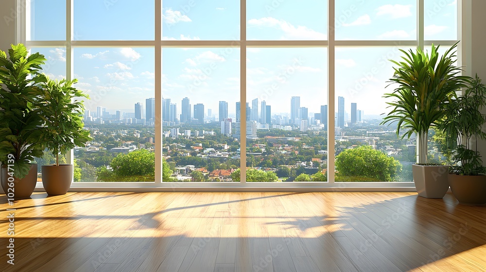 Naklejka premium Bright and airy living room with minimalist furniture, large windows, and clean lines