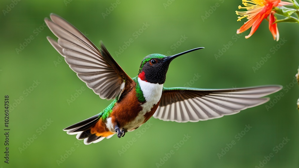 Fototapeta premium A vibrant hummingbird in flight, showcasing its colorful plumage near a flower.