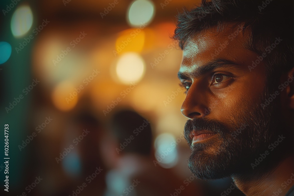 Man with a beard gazes thoughtfully in a vibrant social setting during the evening