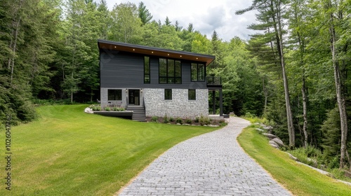 This beautifully designed modern farmhouse features an inviting front porch, stone accents, and a lush green lawn, creating a tranquil and appealing atmosphere