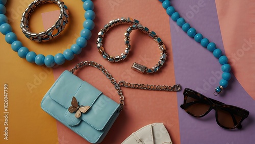 Colorful Y2K-Inspired Accessories Flatlay for a Nostalgic Fashion Vibe photo