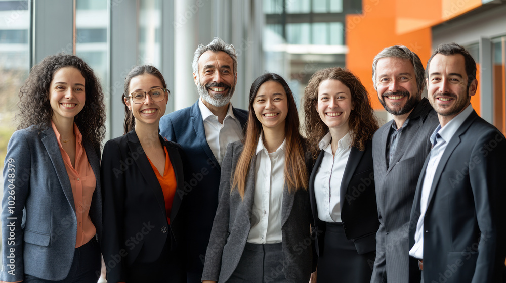 A varied and inclusive team of office colleagues beams with joy at a team-building workshop.
A varied and inclusive team of office colleagues beams with joy at a team-building workshop.