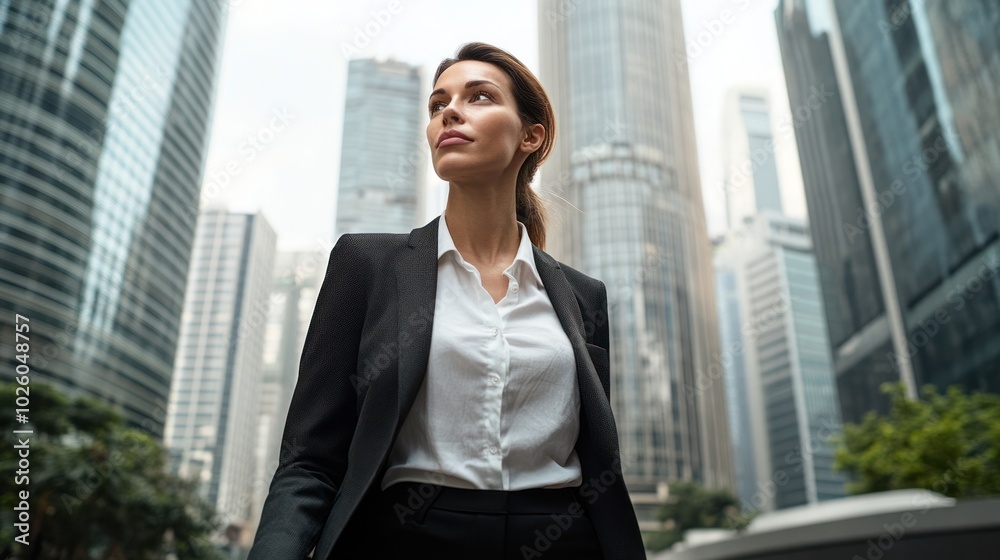 Confident businesswoman walking in a city with skyscrapers in the background Confident businesswoman walking in a city with skyscrapers in the background