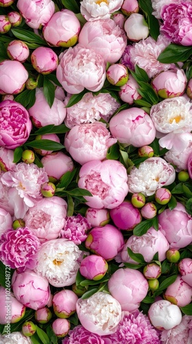 A rich tapestry of pink peonies, ranging from deep fuchsia to soft rose tones, showcases intricate petals and buds, evoking the beauty of spring's floral abundance