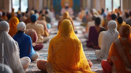 A Sikh religious ceremony with the recitation of scriptures from the Guru Granth Sahib, focusing on community and faith. photo