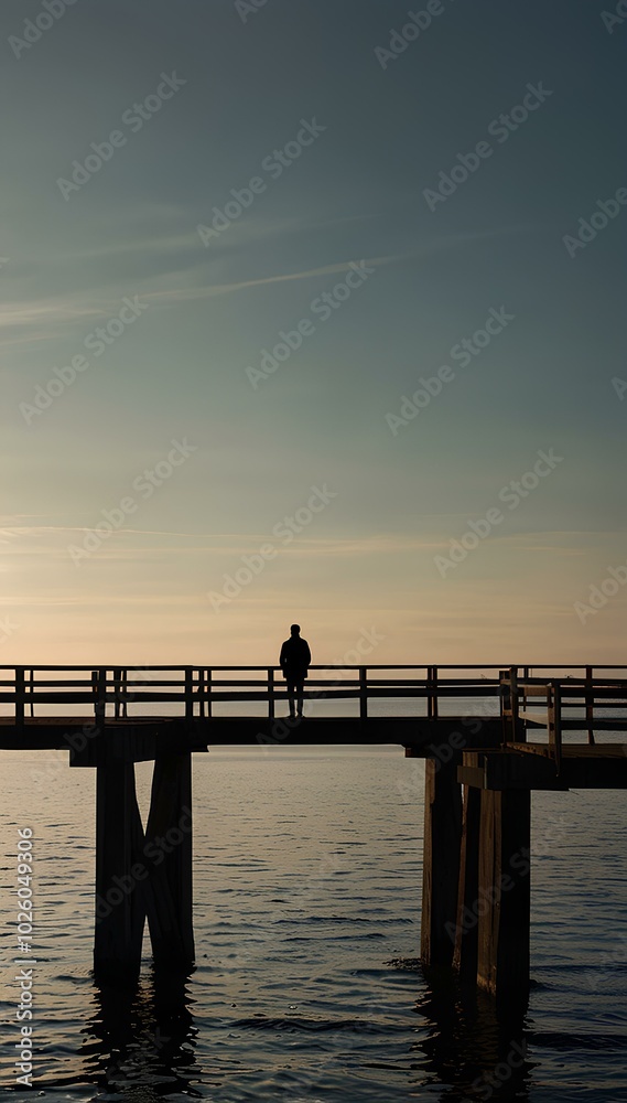 Lone Silhouette on an Empty Bridge at Dusk Lone Silhouette on an Empty Bridge at Dusk