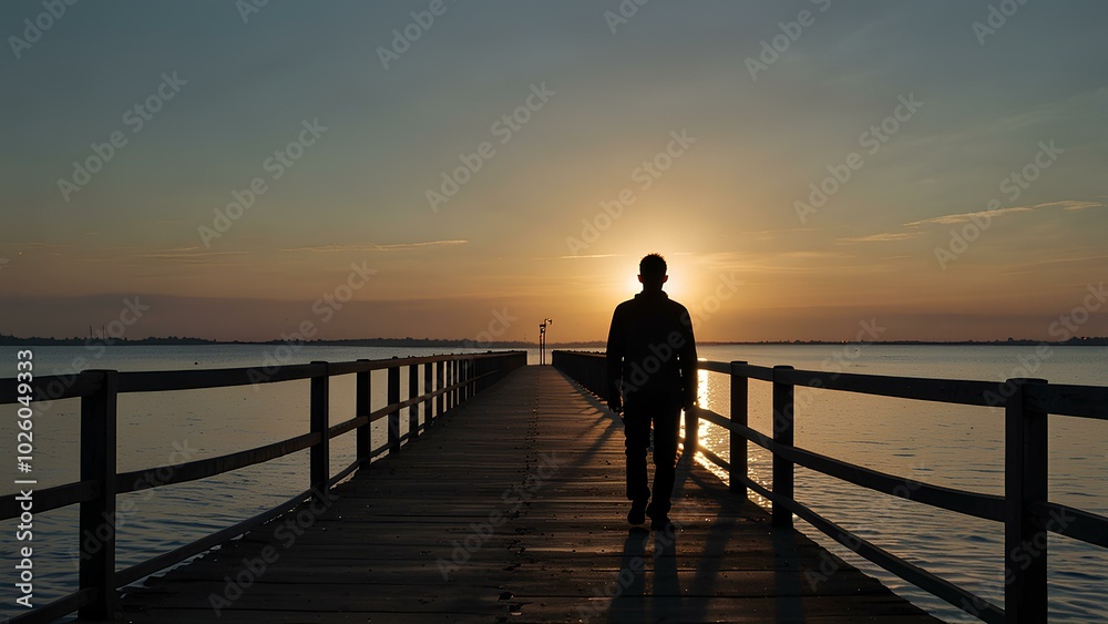 Lone Silhouette on an Empty Bridge at Dusk Lone Silhouette on an Empty Bridge at Dusk