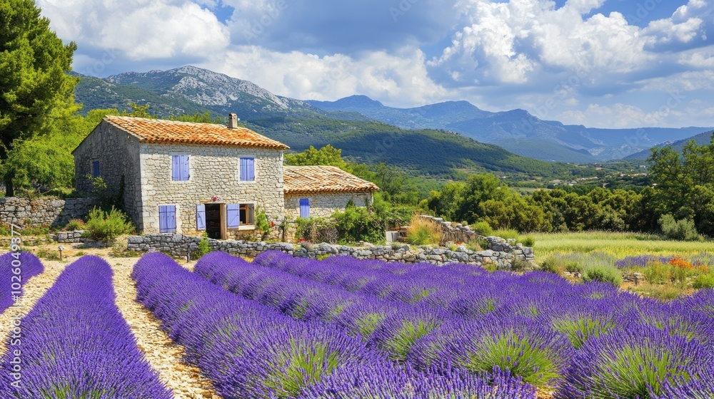 Countryside landscape with lavender fields - Highlighting picturesque countryside landscapes adorned with vibrant lavender fields, Countryside landscape with lavender fields - Highlighting picturesque countryside landscapes adorned with vibrant lavender fields,