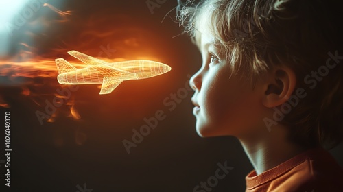 Holographic toy plane soaring over a child s head, medium shot, bright glowing trail, futuristic lighting photo