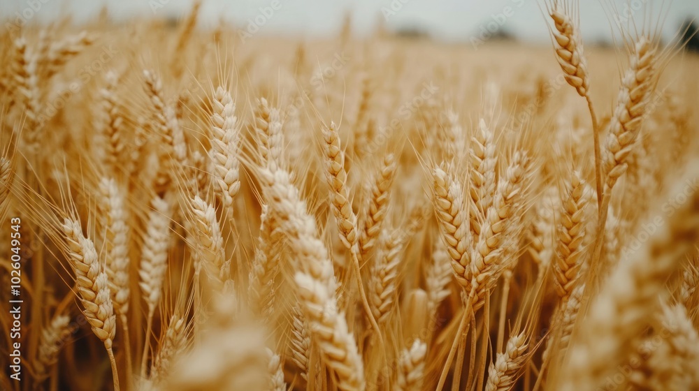 Fototapeta premium Countryside landscape with wheat fields - Highlighting vast, golden wheat fields in the countryside, symbolizing abundance and the harvest season, 