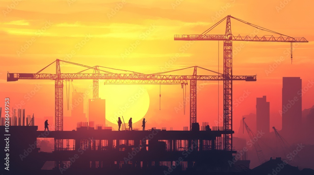 Obraz premium Creative background featuring a construction site with cranes and workers silhouetted against a sunset