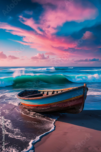 A cinematic scene unfolds as cerulean skies blend with fandango hues, casting a vibrant glow over a turbulent sea. Heavy waves crash near a wooden boat by the shore, creating a breathtaking seascape. photo