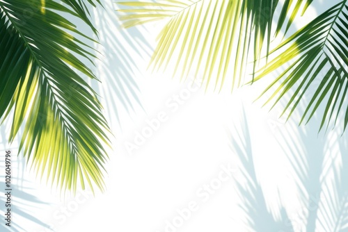 Realistic shadow of palm leaves on bright surface. Tropical palm leaf silhouette for layering. Coconut foliage cut-out element for seasonal design aspects