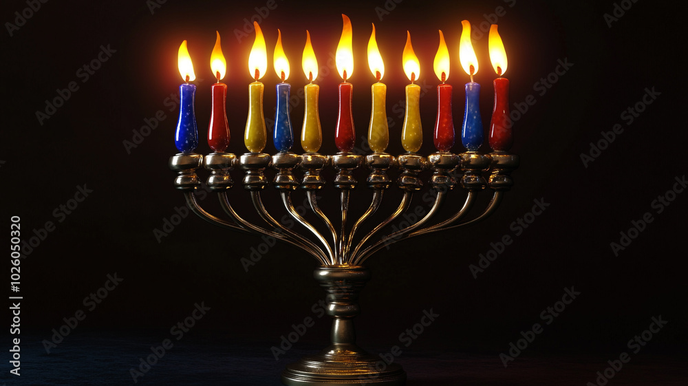 Fototapeta premium Colorful menorah with lit candles celebrating Hanukkah during a festive evening gathering